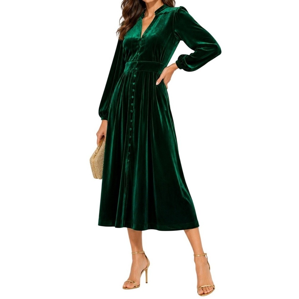 Tuckernuck Emerald Green Velvet Midi Dress Long Sleeve Button Front M NWT
